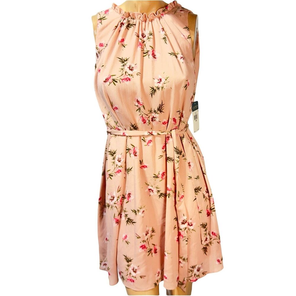 Lauren Ralph Lauren Dress Women Size 0 P Petite Pink Floral Tie Waist Belted NWT